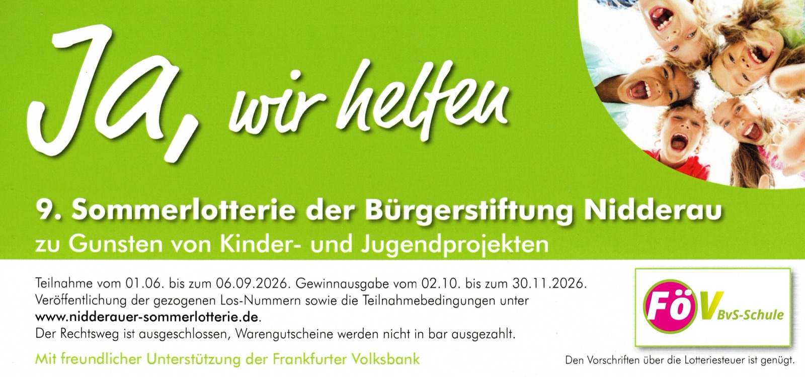 Vorderseite eines Loses der 9. Sommerlotterie der Bürgerstiftung Nidderau in der Förderverein-Edition